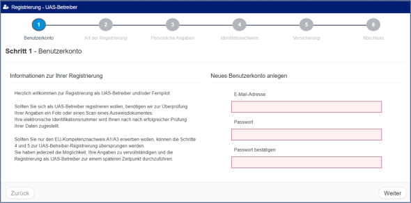 Bild der Startseite zur Registrierung als UAS Betreiber.