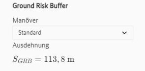 Dropdown-Auswahl: "Manöver"-Bestimmung zur Berechnung des Ground Risk Buffers mit der Anzeige des bechnenden Wertes.