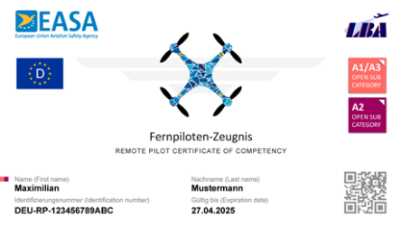 Sample of a Certificate of remote pilot competency, including logos of EASA, LBA and a QR-code, issued for A1/A3 and A2 category. Text: remote pilot certificate of competence. Issued to Maximilian Mustermann.