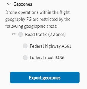 Listing of affected geozones with active "Export geozones" button