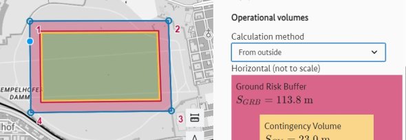 Drop-down selection for calculation method "From outside" with partial map section of the volume planner. The geometry shown represents the entire operational volume consisting of "Flight Geometry", "Contingency Volume" and "Ground Risk Buffer"