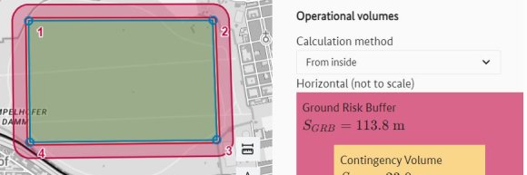 Drop-down selection for calculation method "From inside" with partial map section of the Volume Planner. The geometry shown corresponds to the flight geography and the "Contingency Volume" and "Ground Risk Buffer" added outside are displayed 