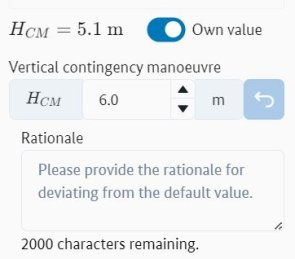 Enter your own values for the vertical contingency manoeuvre with the input field for a justification