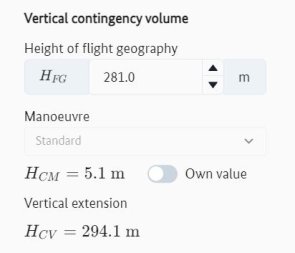 Input of the flight altitude as well as the output of the calculated values to the vertical contingency volume and associated input fields for the selection of the contingency manoeuvre and determination of an own value for the contingency manoeuvre