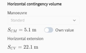 Calculated values for the horizontal contingency volume and associated input fields for selecting the contingency manoeuvre and determining an own value for the contingency manoeuvre