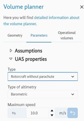 "Parameter" menu with the sections for "Assumptions" and "UAS properties". The UAS properties section is open